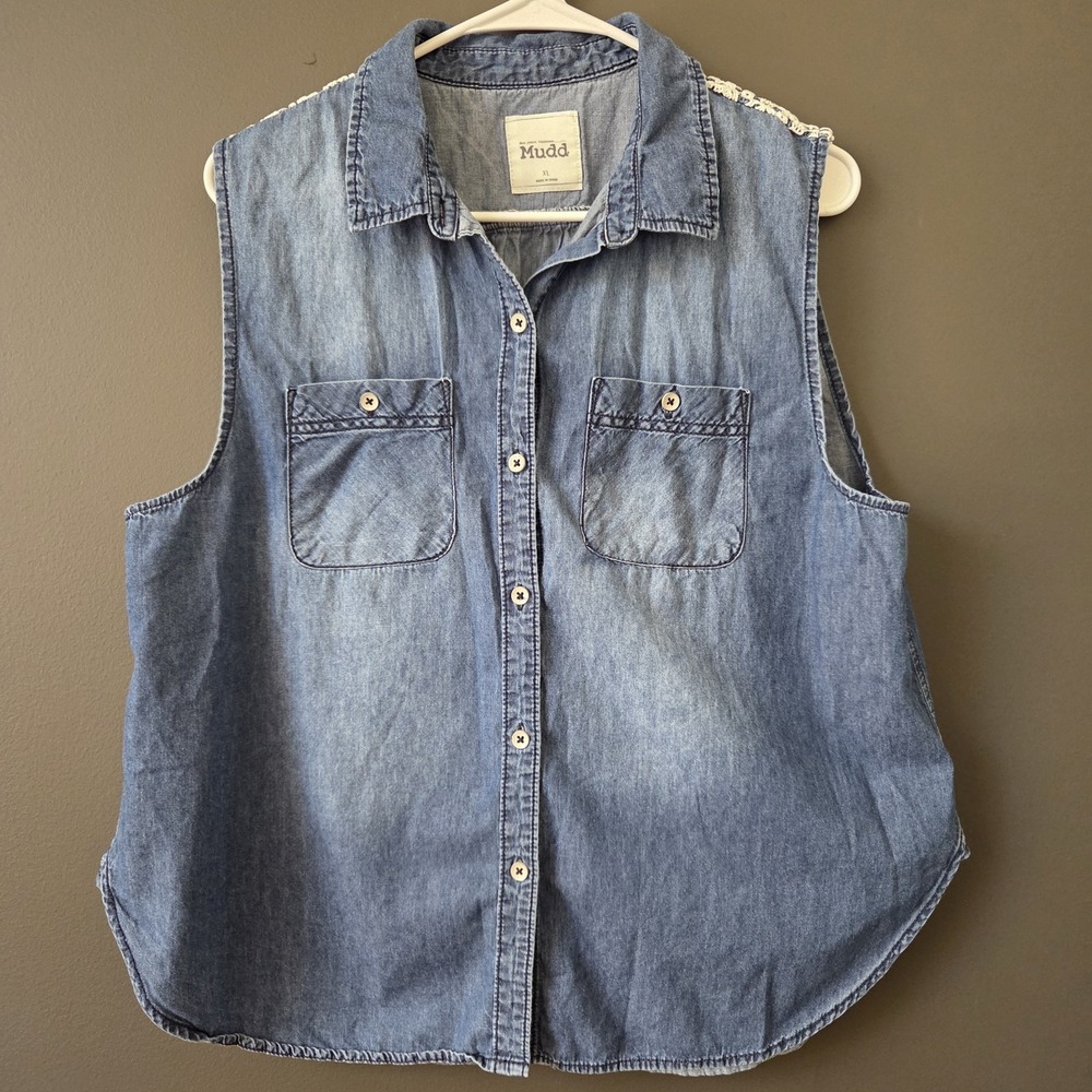 Mudd Women's Chambray Vest Size XL Y2K Crochet Knit Detail‎ Button Front Cowgirl